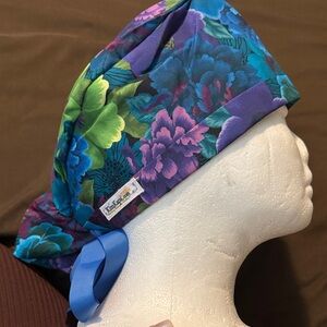 Vibrant Blue and Green Floral Women's Scrub Cap